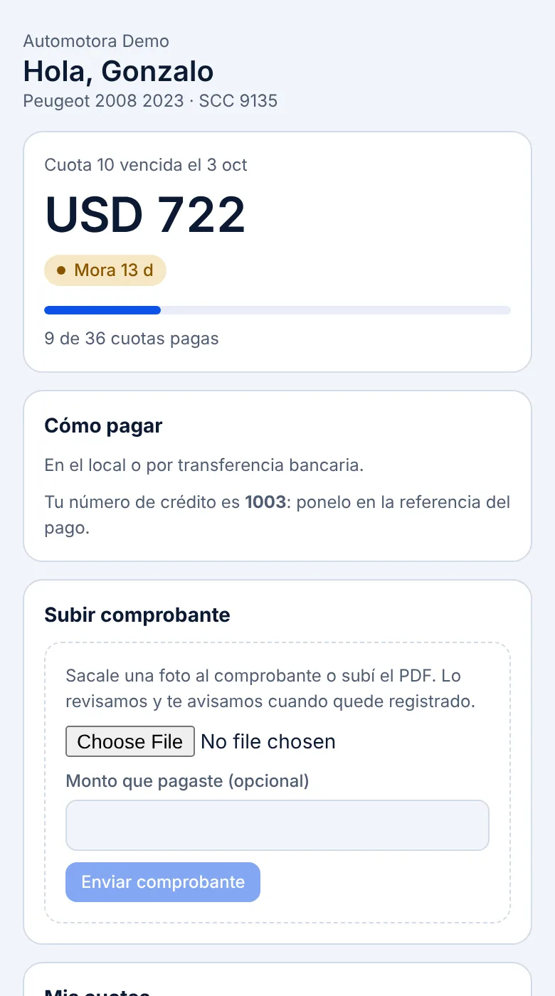 Portal del cliente en el celular: cuota vencida, cómo pagar y botón para subir el comprobante